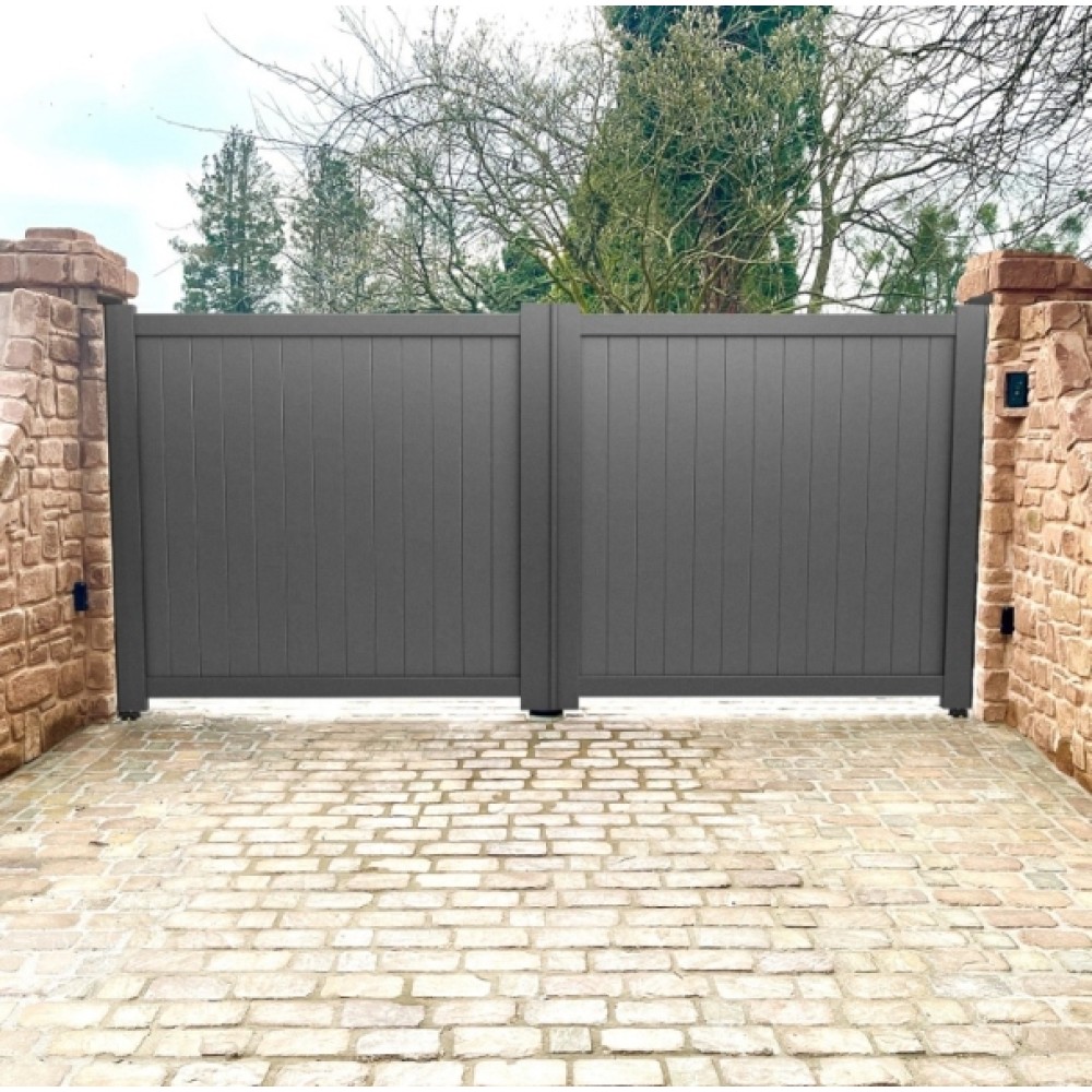 Grey vertical board aluminium double driveway gates between stone piers