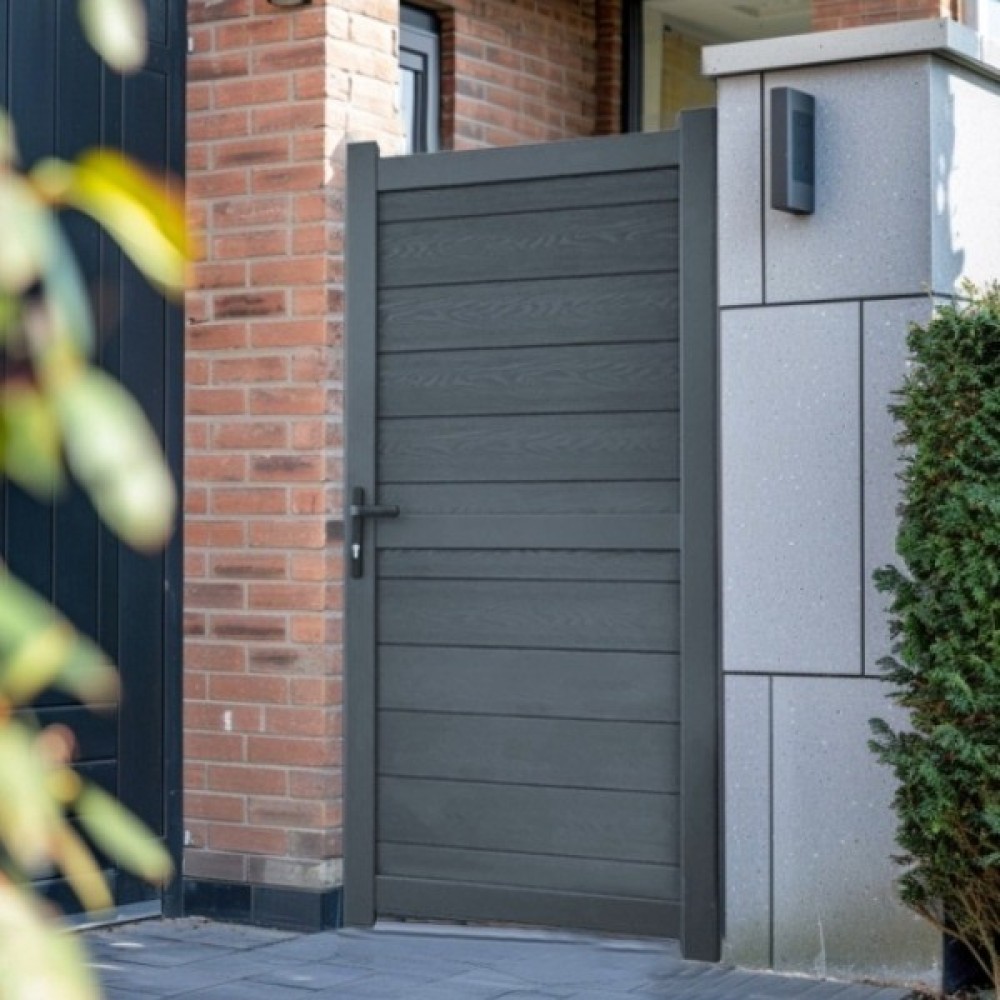 Grey Beeston composite pedestrian gate with horizontal woodgrain boards