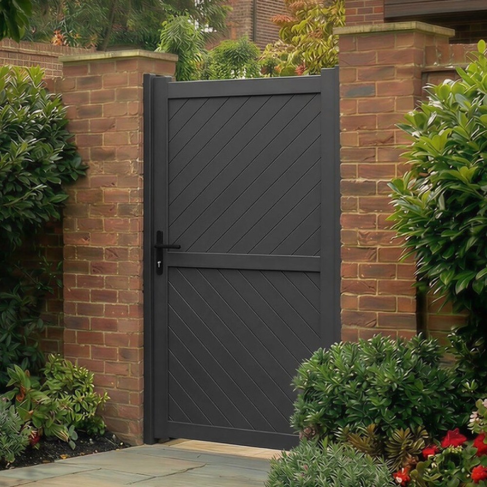 Anthracite Ludlow aluminium pedestrian gate with diagonal boards between brick piers