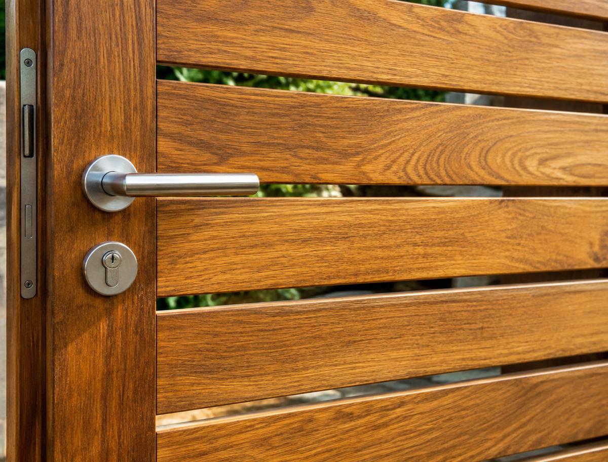 Close view of oiled iroko hardwood gate slats with a stainless steel handle and lock