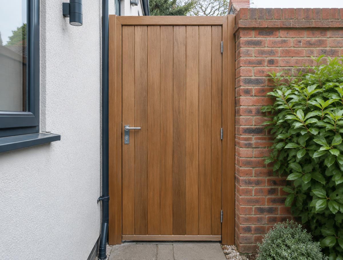 Bespoke hardwood pedestrian side gate hung in a hardwood frame beside a brick wall